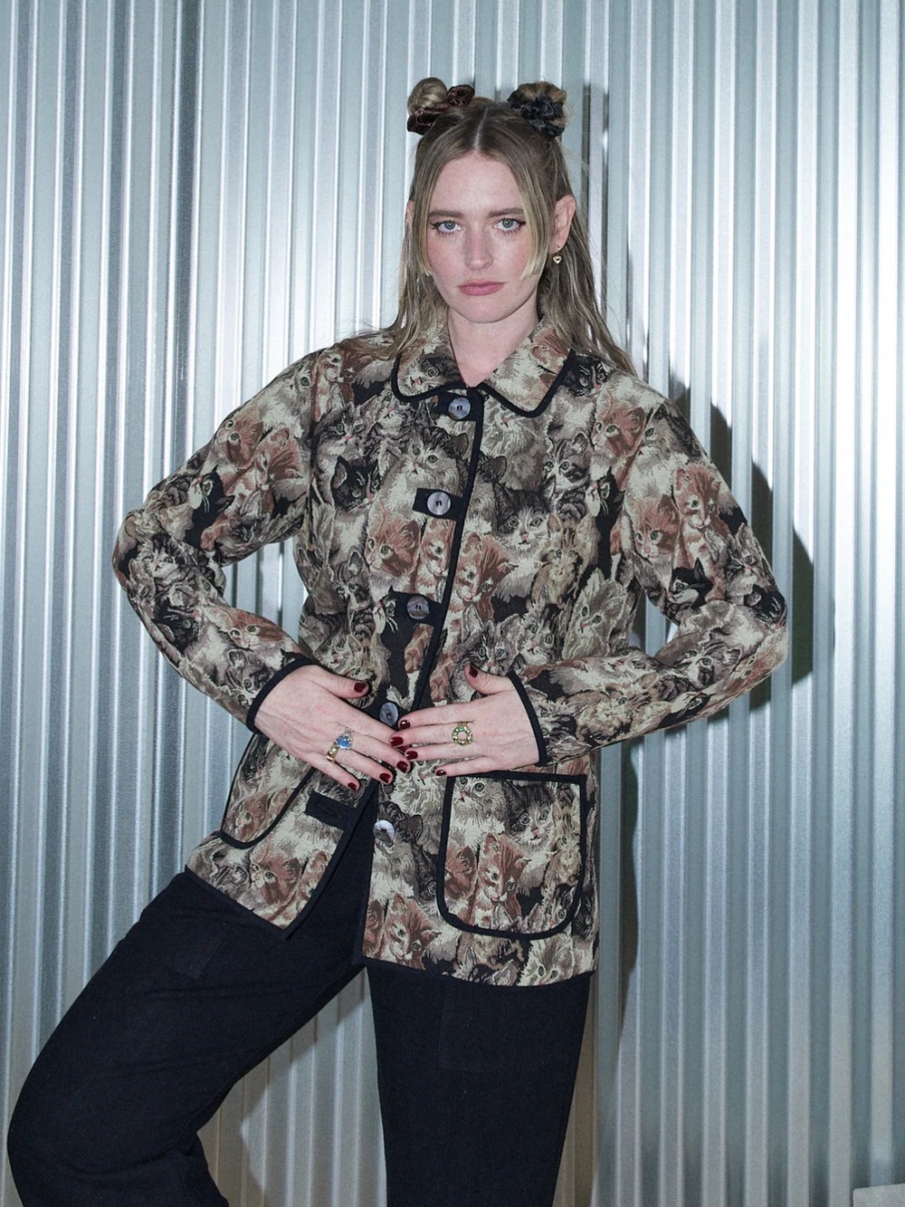 Fashion Brand Company Quilted Cat-Print Jacket with Black Trim